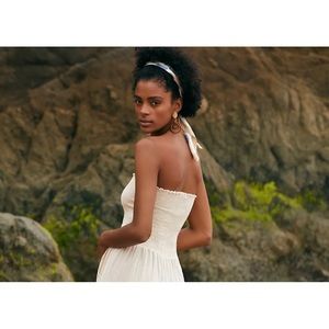 Anthropologie Maronie Linen Strapless Off White Wide Leg Jumpsuit SZ L